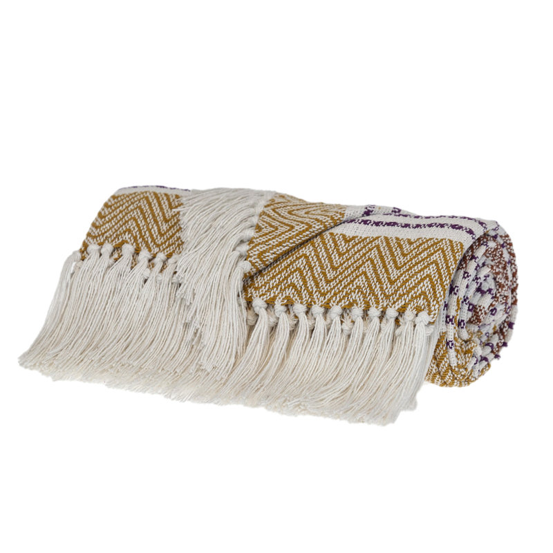 Jeté rayé moutarde en coton tissé