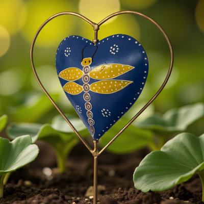 Blue Dragonfly Heart Garden Stake - Blue