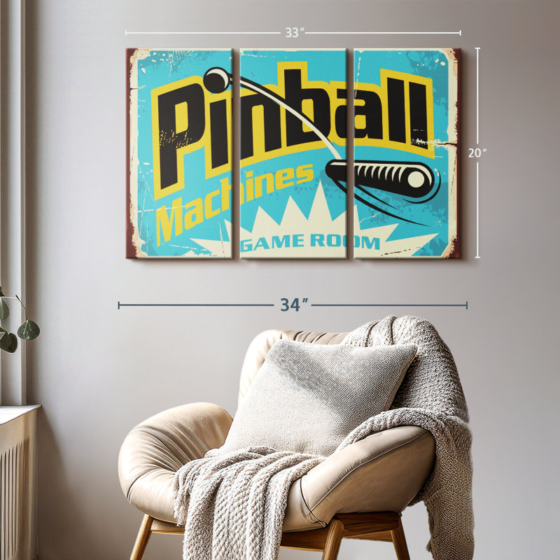 «Pinball Machine Game Room» sur toile, H 20 po x l 33 po x P 1,25 po
