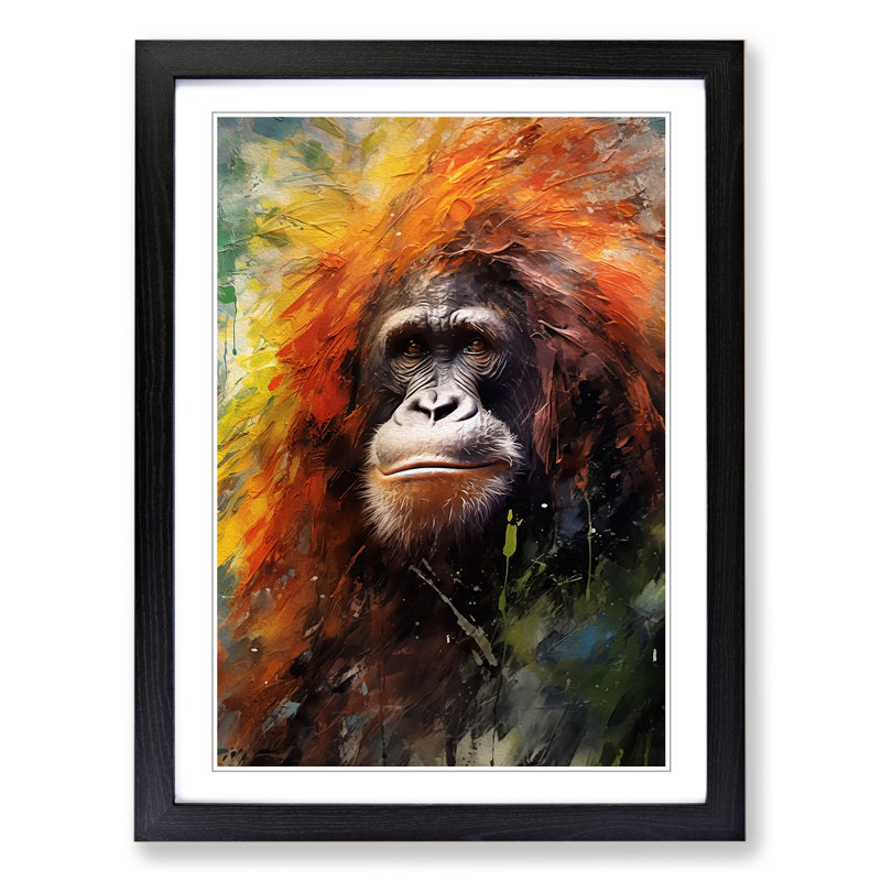 Orangutan Impressionism No.2 - Single Picture Frame Print on Wood, 46cm H x 34cm W x 2cm D, Black Framed