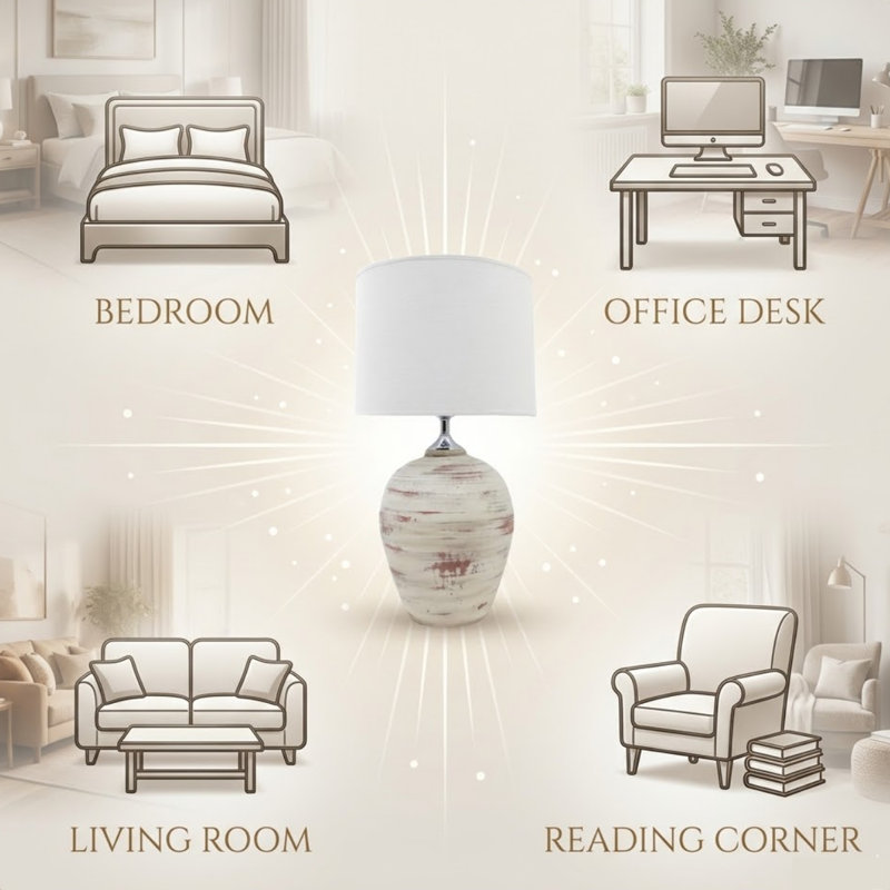 Decorative Concrete Table Lamp with Fabric Shade - Modern Hand Finished Base Quality Lamp for Home Living Room Decor