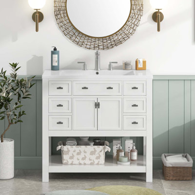Meuble-lavabo moderne avec lavabo supérieur, 2 portes à fermeture douce et 6 tiroirs