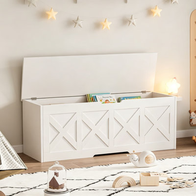Très grand coffre de rangement en bois de 47,2 pouces avec charnière de sécurité, coffre à jouets de ferme et banc d'entrée, finition blanche, assemblage facile