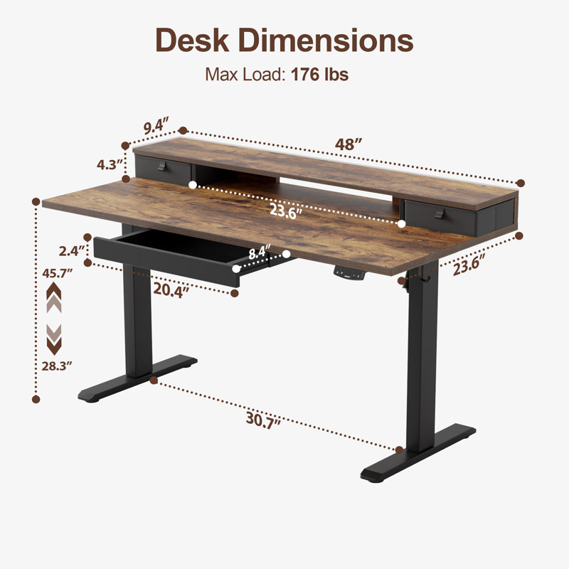 Electric Height Adjustable Desk with Storage Shelf,Standing Desk with 3 Drawers for Home Office, 45.7" H x 48" W x 23.6" D