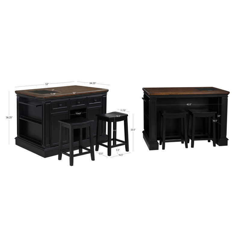Îlot de cuisine avec 2 tabourets Posie, Noir