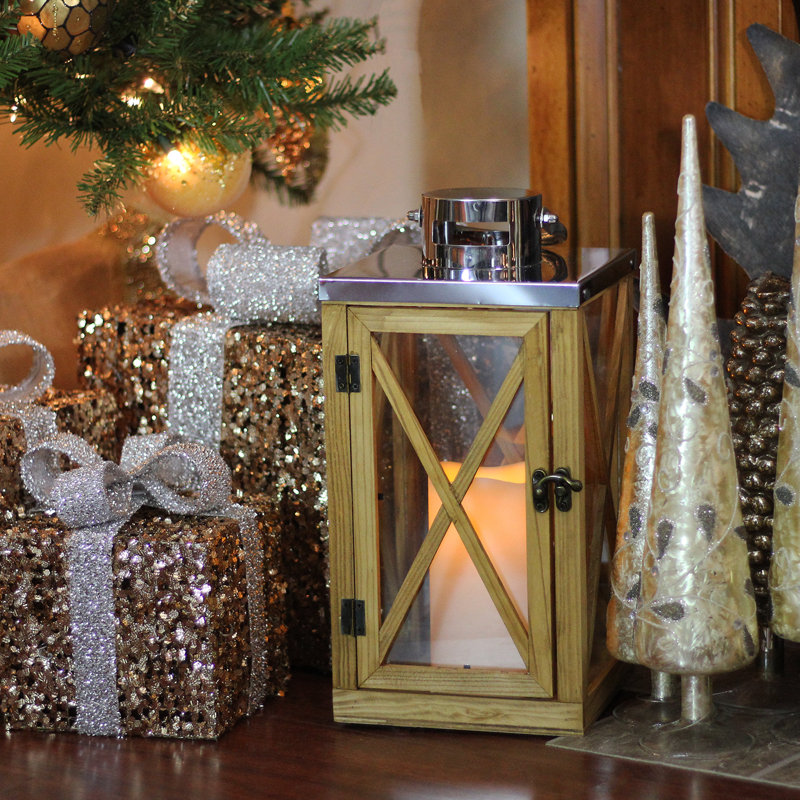 13.5" Rustic Wood and Stainless Steel Lantern with LED Flameless Pillar Candle with Timer