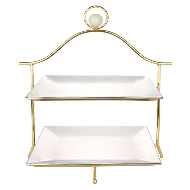 2Tier Stand Silver with Gold Frame and Marble Ball Knob