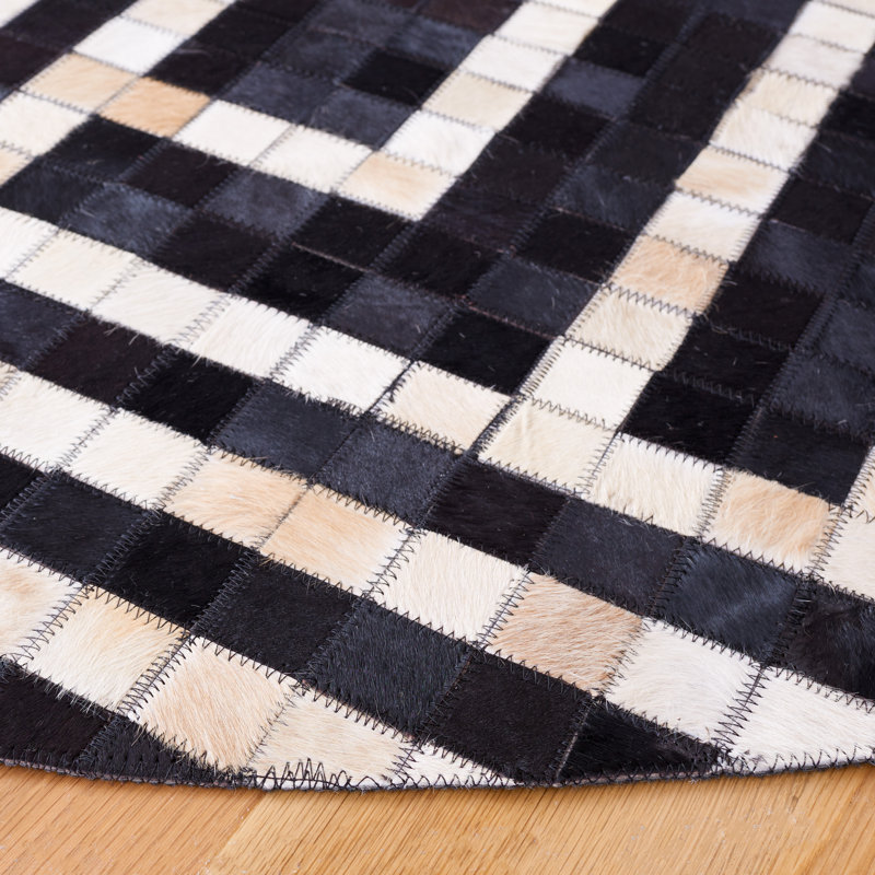 Studio Leather Flat Weave Hair On Leather Geometric Rug, Round 6'