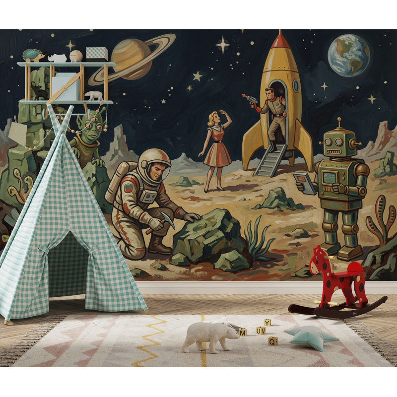 Décoration murale amovible rétro Space Sci Fi Space Landscape Rocket Ship, 160 po x 108 po, Peler et coller