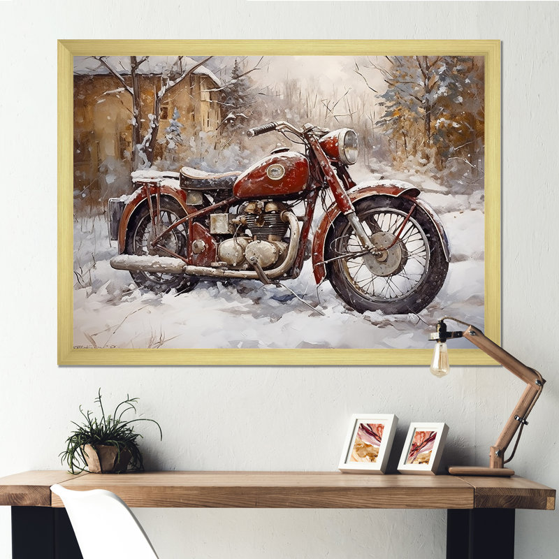 Vélo rouge rustique en hiver, Cadre doré simple, H 12 po x l 20 po x P 1 po