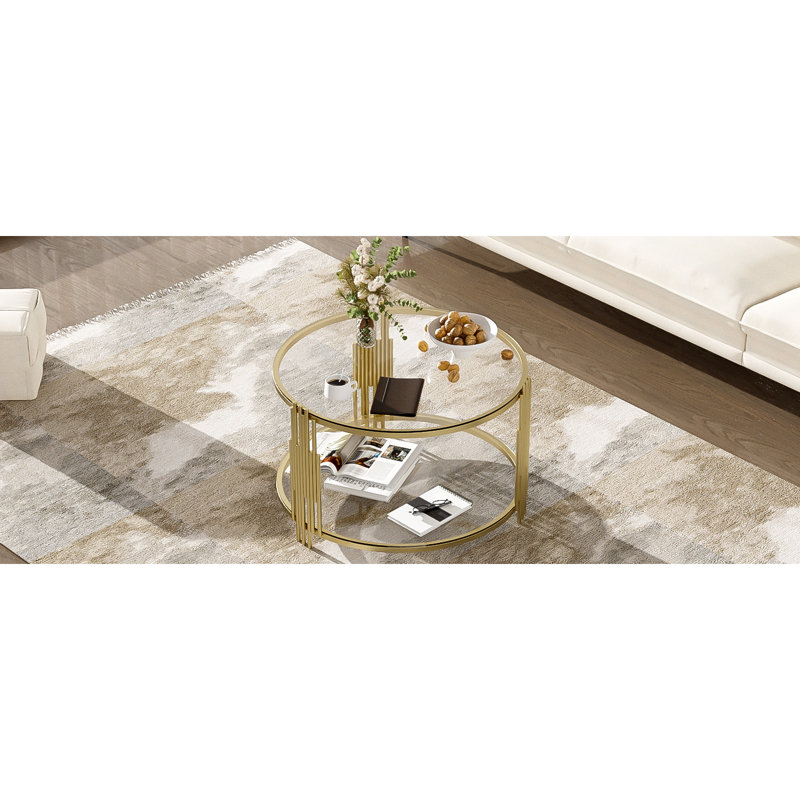 Table basse 31,5 po asymétrique en métal, plateau en verre transparent, base cylindrique avec tablette supplémentaire pour des fins pratiques et élégantes, design, tablette inférieure, longue durée