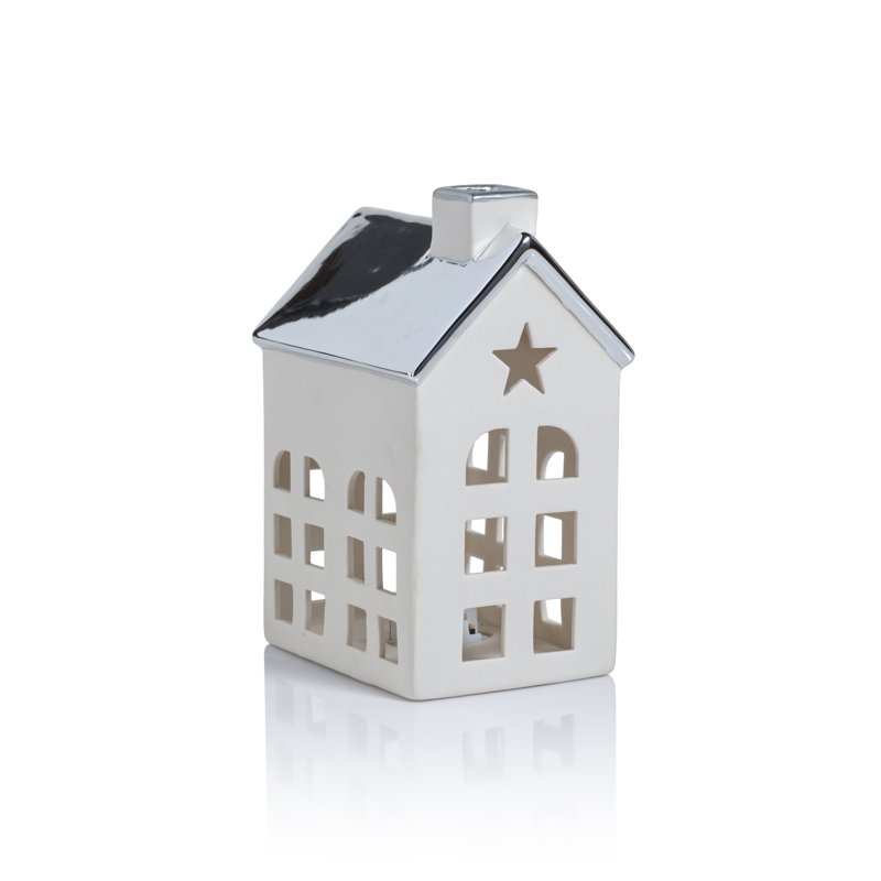 Lilou 2-Piece Set Porcelain LED House with Roof, Silver/White, 5.5" H x 4" W x 3" D