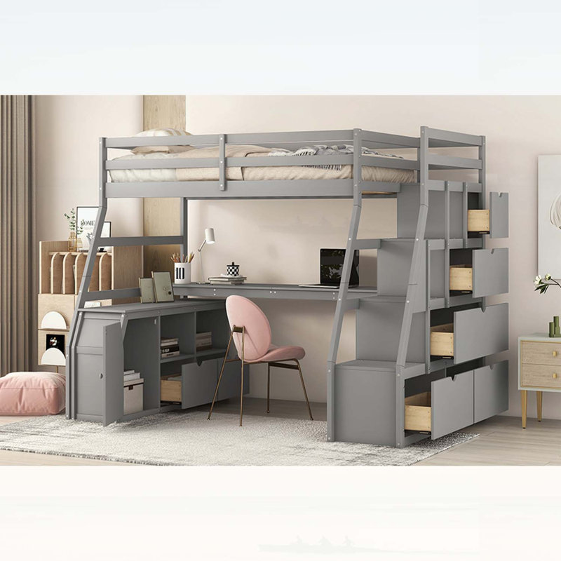 Lit mezzanine simple avec 7 tiroirs, 2 tablettes et bureau intégré - gris, peu encombrant et multifonctionnel, Lit simple