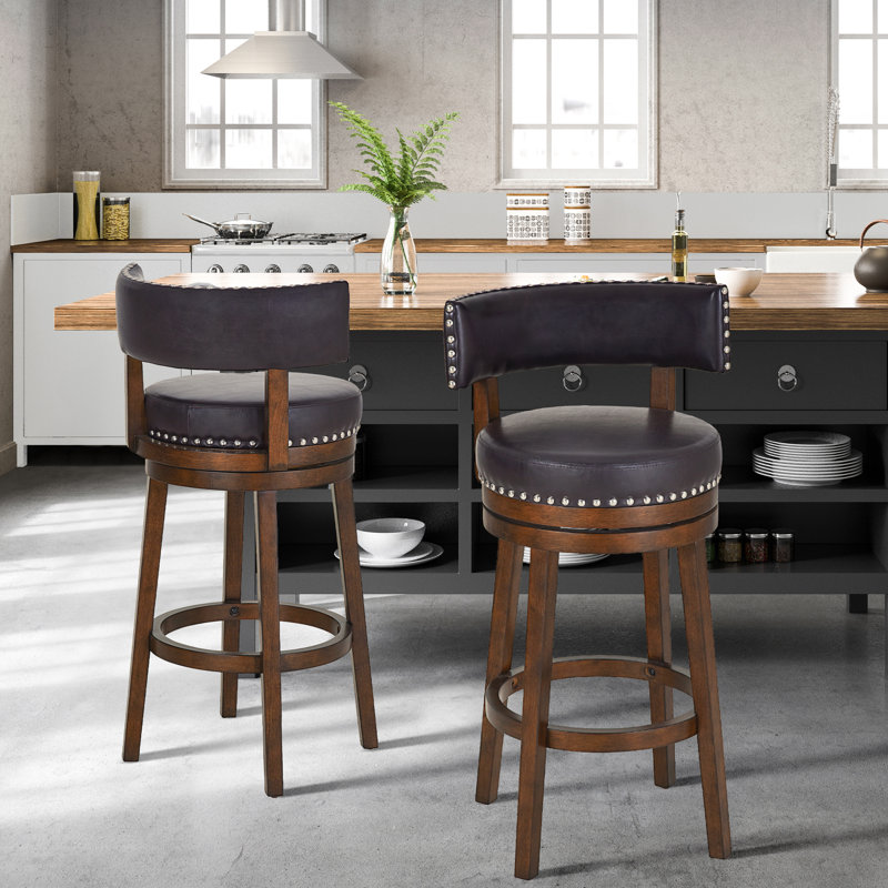 360° Swivel Bar & Counter Stool with Nailhead Trim, Upholstered Solid Wood Bar Chair for Kitchen Island, Dark Brown
