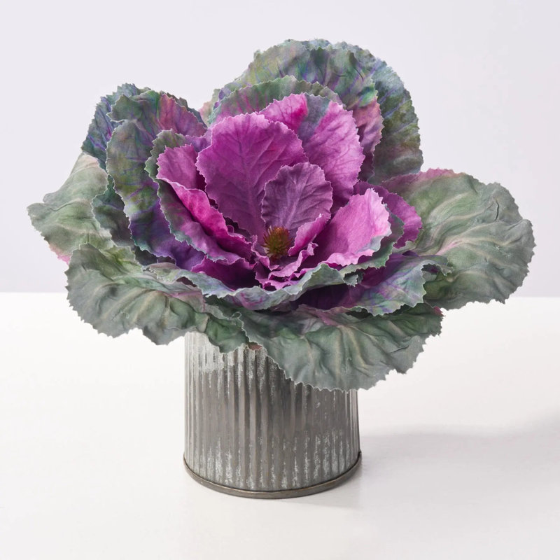 Grande fleur de chou frisé dans une composition végétale artificielle en fer galvanisé - Paquet de 3