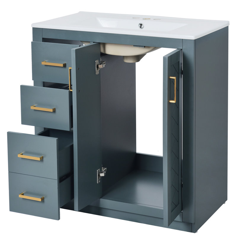 Meuble-lavabo de 30 pouces avec lavabo en céramique, structure en bois massif, tiroirs polyvalents, portes à fermeture en douceur, quincaillerie pour structure de 60 po et 30 po, espace de tiroir spacieux, rangement dissimulé, glissement en douceur