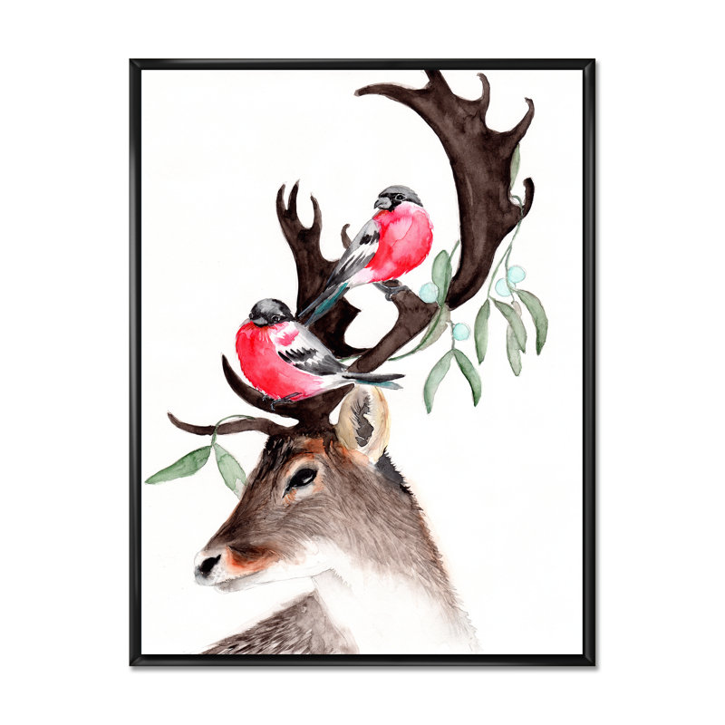 Cerf avec deux bouvreuils rouges - reproduction sur toile, Toile à cadre flottant noir, H 20 po x l 12 po