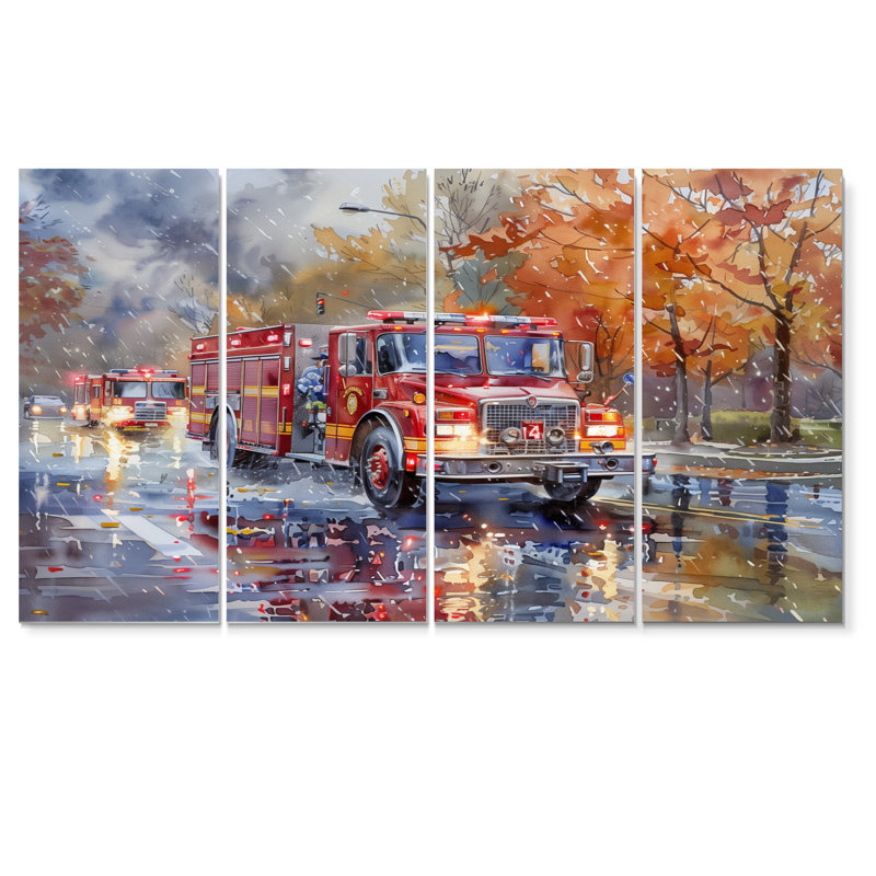 «Red Fire Truck In Autumn New York II», ensemble de reproductions d'art mural pompier, H 28 po x l 48 po