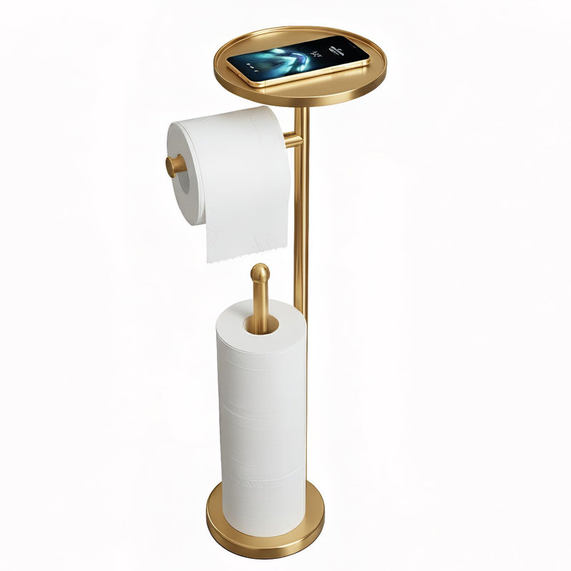 Porte-papier hygiénique avec tablette, support pour rouleaux de papier hygiénique avec rangement pour 4 rouleaux supplémentaires, acier inoxydable antirouille, autoportant, (doré)