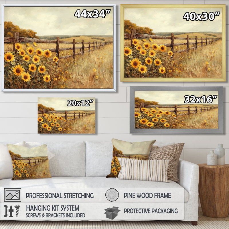 «Donishia Sunflowers By The Horse Corral I» - art mural tournesols, Reproduction encadrée d'une seule photo, Doré