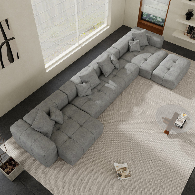 Kay Crumley 5-Piece Upholstered Boneless Modern Linen Fabric Sectional Sofa With Ottoman, Gray