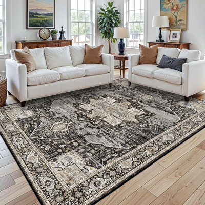 Tapis lavable 7 x 9 - Tapis de salon avec envers antidérapant Tapis antidérapant pour l'intérieur Tapis doux pour la salle à manger 7 x 9 noir