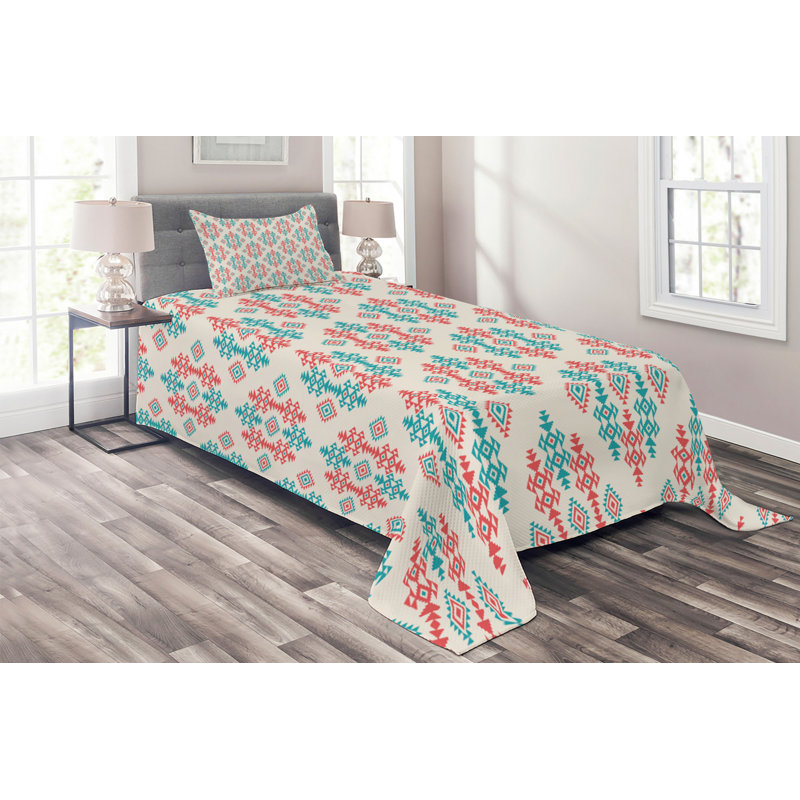 Ethnic Eclectic Polyester Geometric Shapes Coverlet, Twin Bedspread + 1 Sham