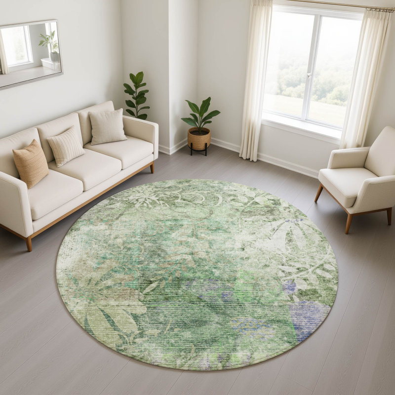 Premium Machine Washable Mayfield AMF2223 Floral Rug, Bleu sarcelle, Rond 8 pi
