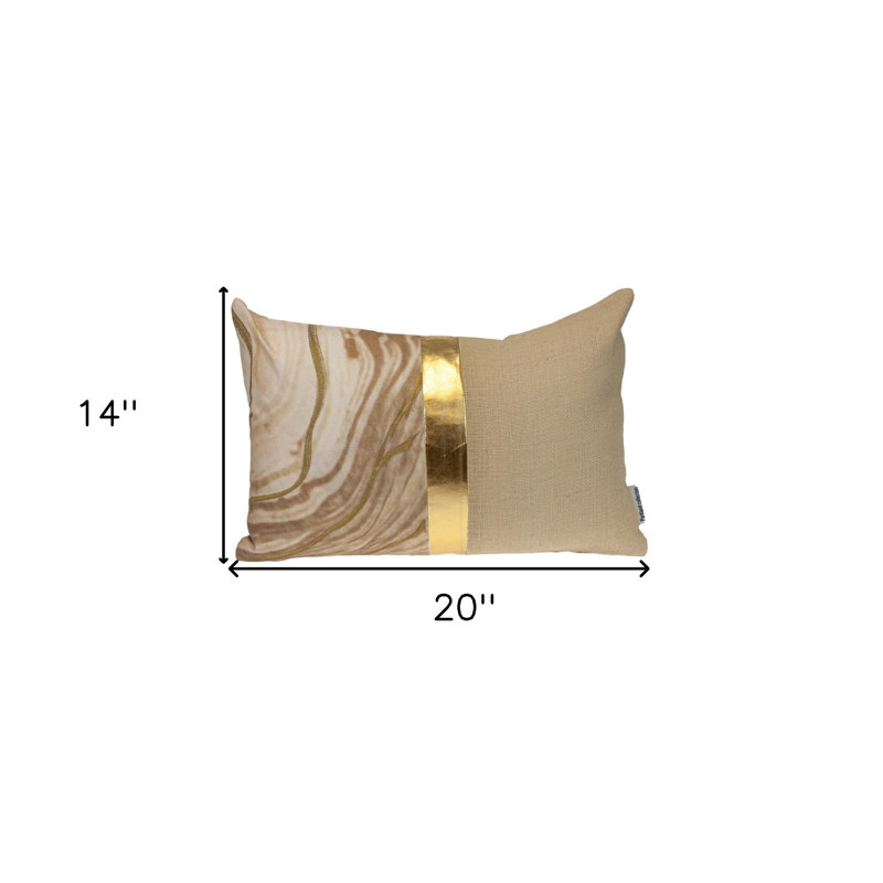 Coussin décoratif en mélange de coton rayé beige et doré 14 po x 20 po