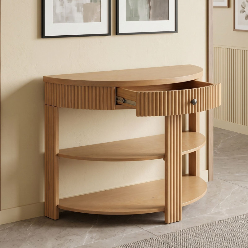 Console cannelée demi-lune avec tiroir et tablettes, Naturel