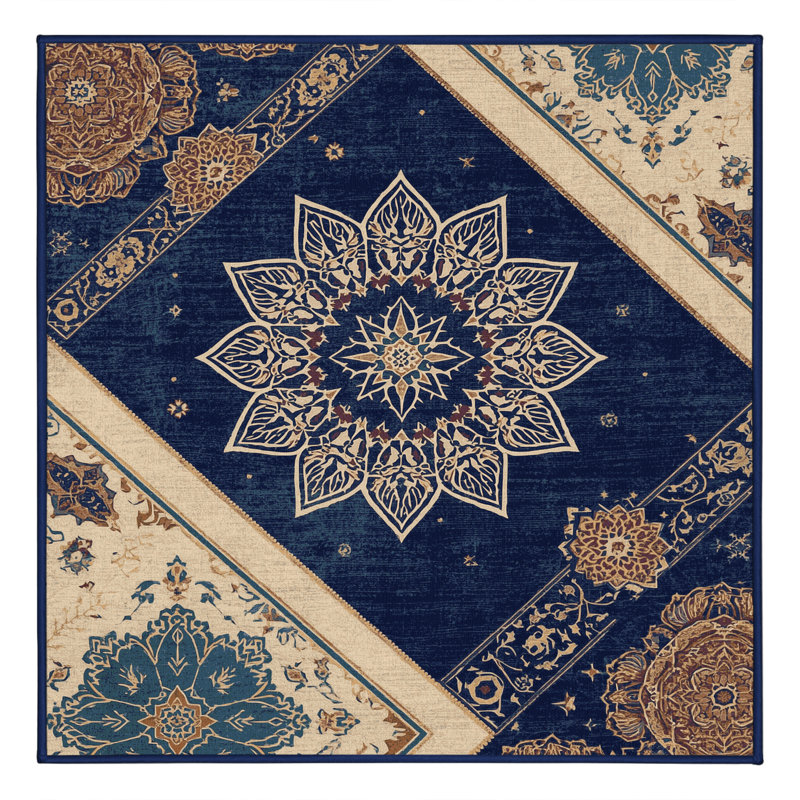 Machine Washable Bensonhurst Classic Oriental Rug in Gray – Navy Binding, 7' Square