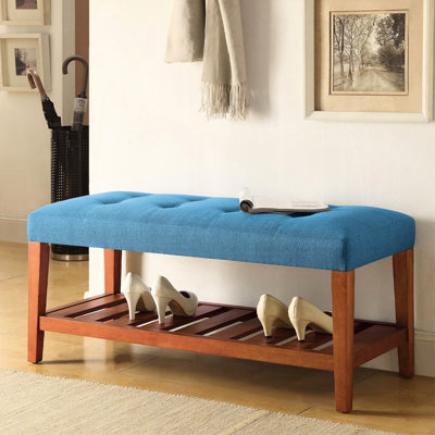 Banc bleu avec tablette et revêtement en chêne, kd, sans accoudoirs ni dossier, pieds fuselés en bois, coussin rembourré, L 40 po x l 16 po H 18 po, tissu ouvert sans dossier 24 lb, siège