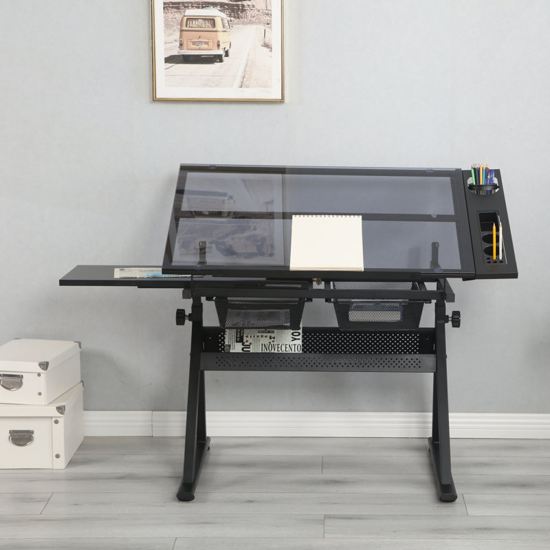 Adjustable Glass Top Drafting Table with Large Storage