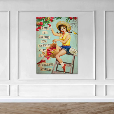 Summer Girl cueillant des fruits - et je pense à moi-même, quel beau monde sur toile tendue - décor d'illustration de personnes, décor de salon bleu et rouge