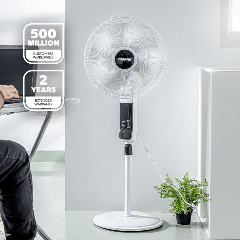 GEEPAS 16’’ Pedestal Fan with Remote Control – 60W Powerful Free-Standing Oscillating Cooling Fan – Height Adjustable, 7.5 Hour Timer - 3-Speed, 5-Blade Air Cooling Floor Fan Home Office