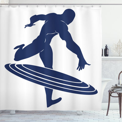 East Urban Home Superhero Shower Curtain Muscular Hero Man White Navy Blue