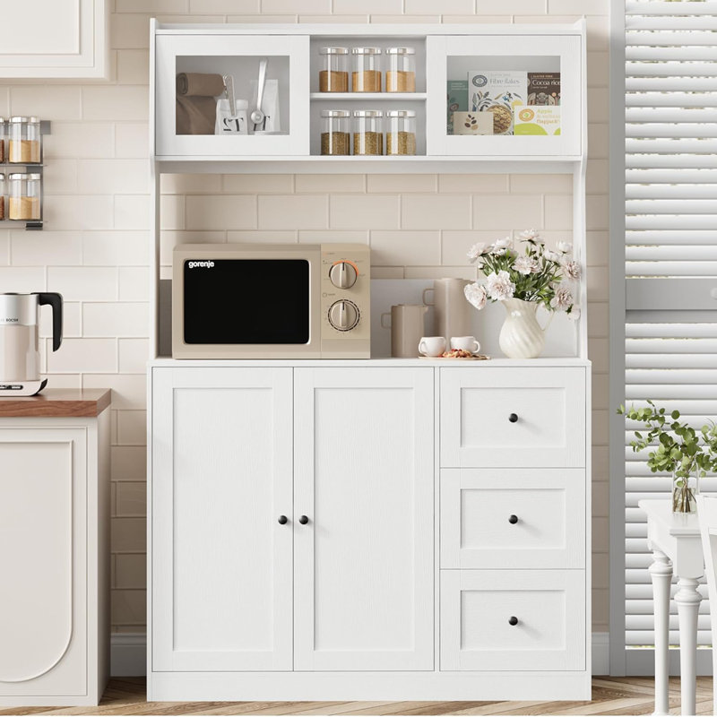 White 67-Inch Tall Kitchen Pantry Cabinet, Microwave Shelf Sideboard Hutch with Doors, Shelves and Drawers for Office, White