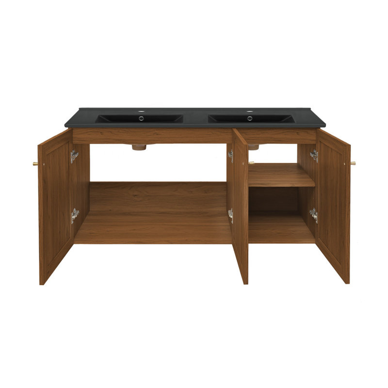 Classe 48" Wall-Mounted Bathroom Vanity In Oak With Double Basin Sink Top, Black, Brown