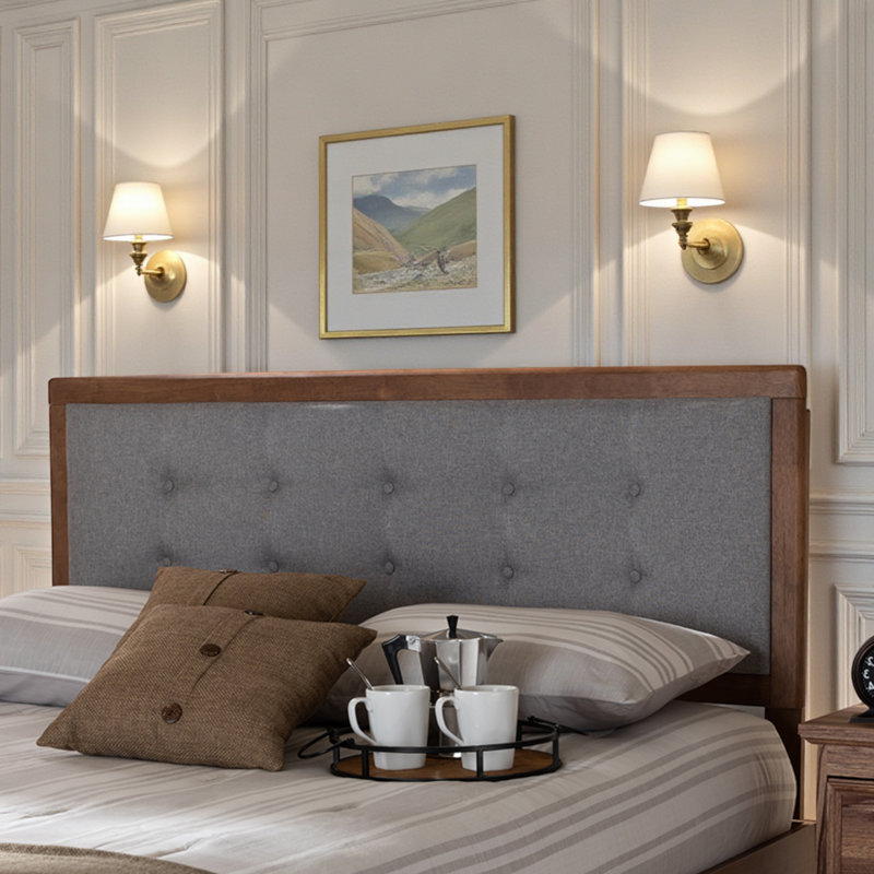 Kaeyla Light Gray Upholstered King Headboard in Brown Wood, 58.15'' H X 77.90'' W X 0.9'' D, Light Gray, King
