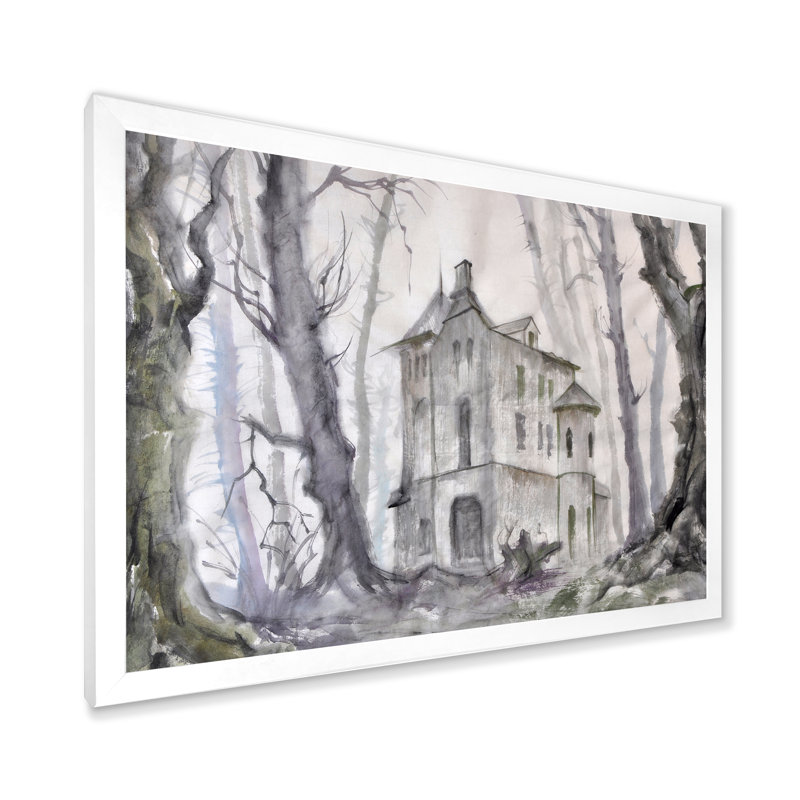 Château hanté dans les bois - Peinture sur toile, Toile blanche encadrée, H 16 po x l 32 po x P 1,5 po