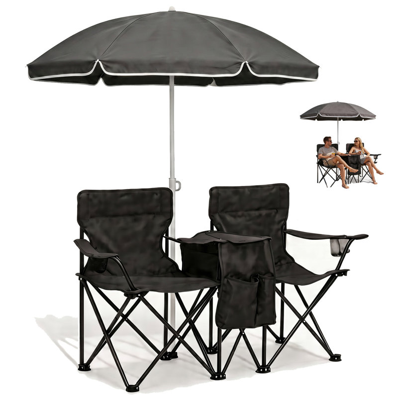 Portable Double Folding Beach Chair Set With Umbrella - 2 Person Outdoor Camping Chair W/cup Holders, Heavy Duty Steel Frame, Foldable Lawn Chairs For Picnic Backyard Travel