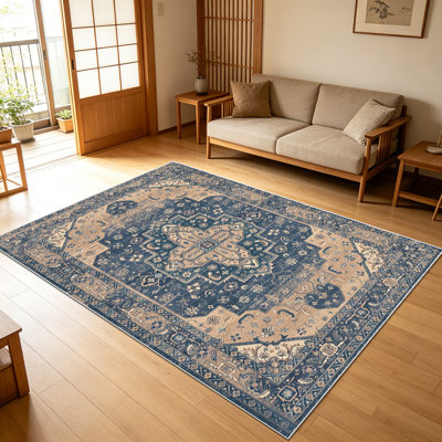 1PC Vintage Persian Medallion Navy Tan Geometric Floral area rugs for Living Room, Soft and Comfortable, Suitable for all seasons, easy-to-maintain, machine washable Indoor floor mat, Under Table Farmhouse suitable for dining table, bedroom,