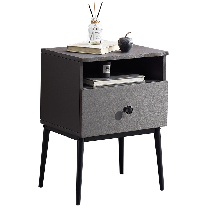 Gray Nightstand with Drawer and Open Shelf, Small Bedside Table / Narrow Side Table for Bedroom, Living Room, Dorm, Apartment, Entryway, Office, RV – Modern End Table with Storage for Small Spaces
