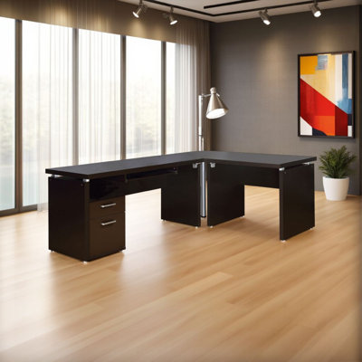 Niti 83 Inch Computer Office Desk, L Shape, Slide Out Keyboard Tray, Brown by Latitude Run