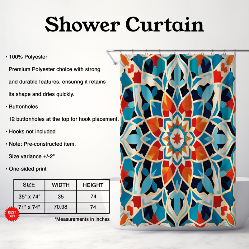 Intricate Arab Tile Designs - Rideau de douche standard 1 pièce, H 74 po x l 71 po