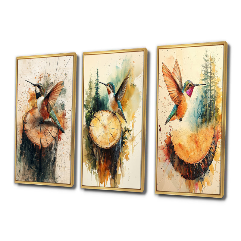 Hummingbird Into The Wood Slide I - Collection d'art mural colibri, H 28 po x l 36 po, Doré