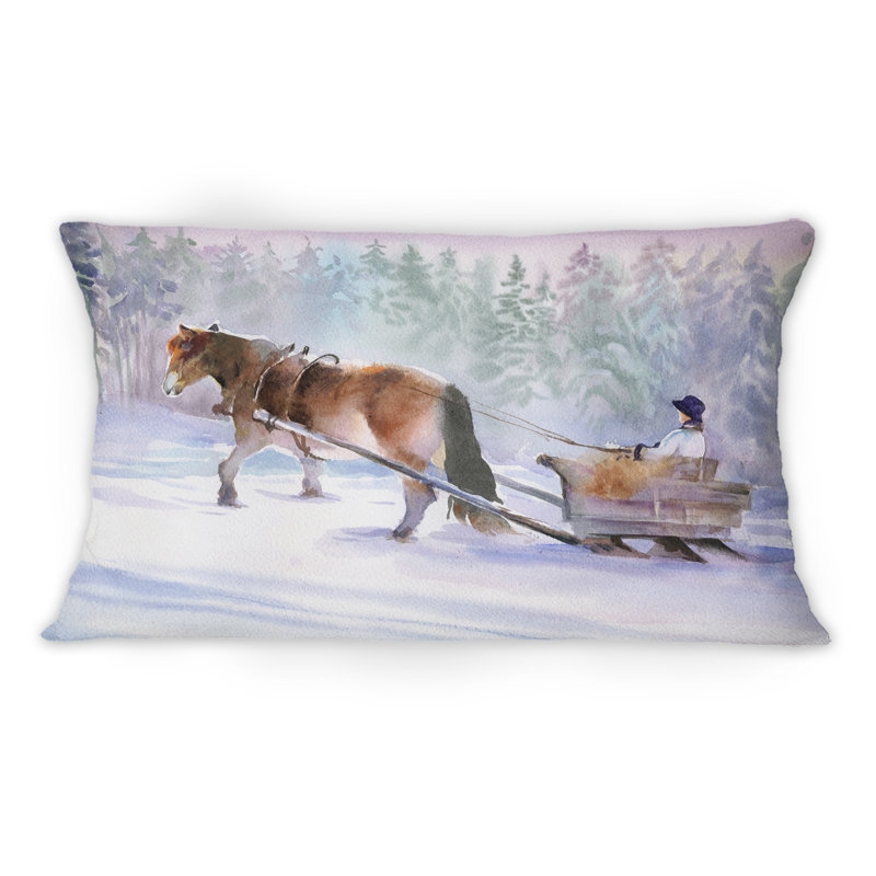Cheval avec un traîneau dans un paysage enneigé - coussin décoratif traditionnel imprimé