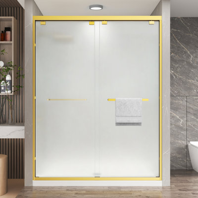 Porte de douche coulissante double en aluminium brossé 49 "à 54" x H 76 "en or brossé avec verre trempé givré de 1/4", poignée double