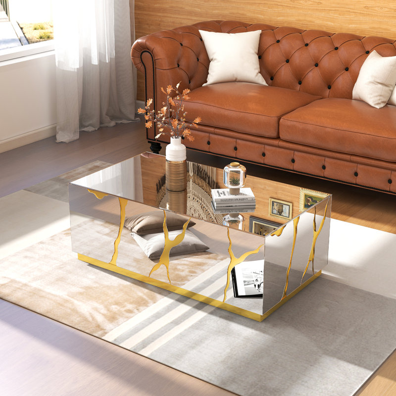 Dalee 39''W Mirrored Block Glass Rectangle Coffee Table With Unique Crackle Design