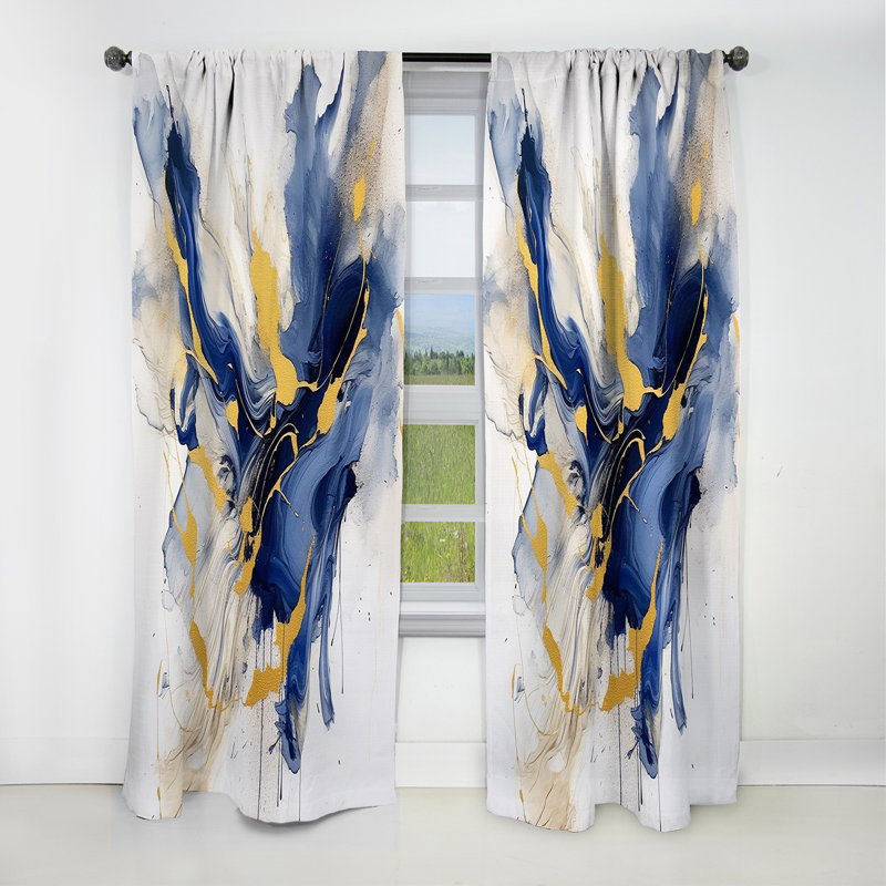 Dark Blue And Gold Strokes IX - Fractals Curtain - Blackout Abstract Curtain - 1 Panels, 52" W x 120" L